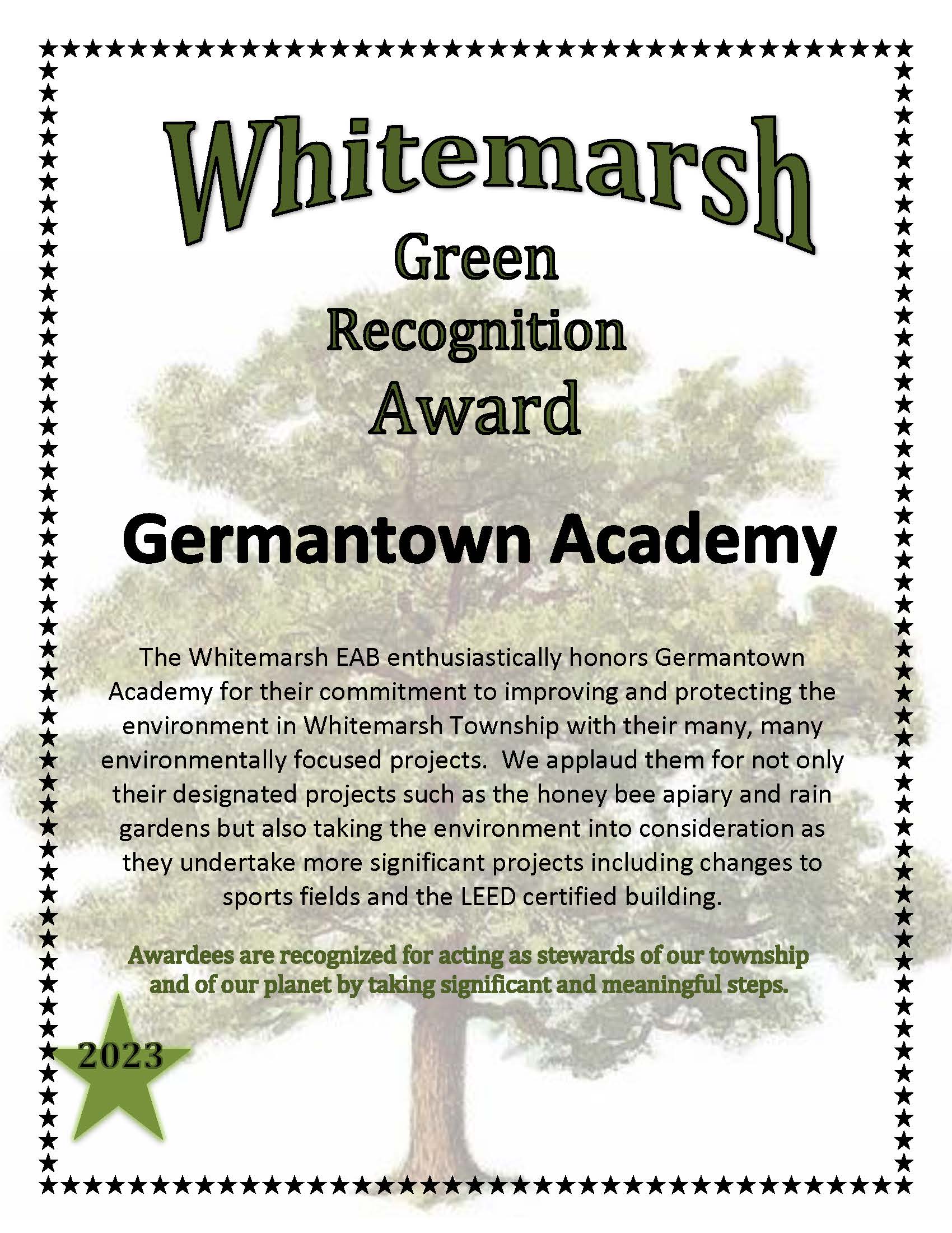 Green Recognition Award for Germantown Academy