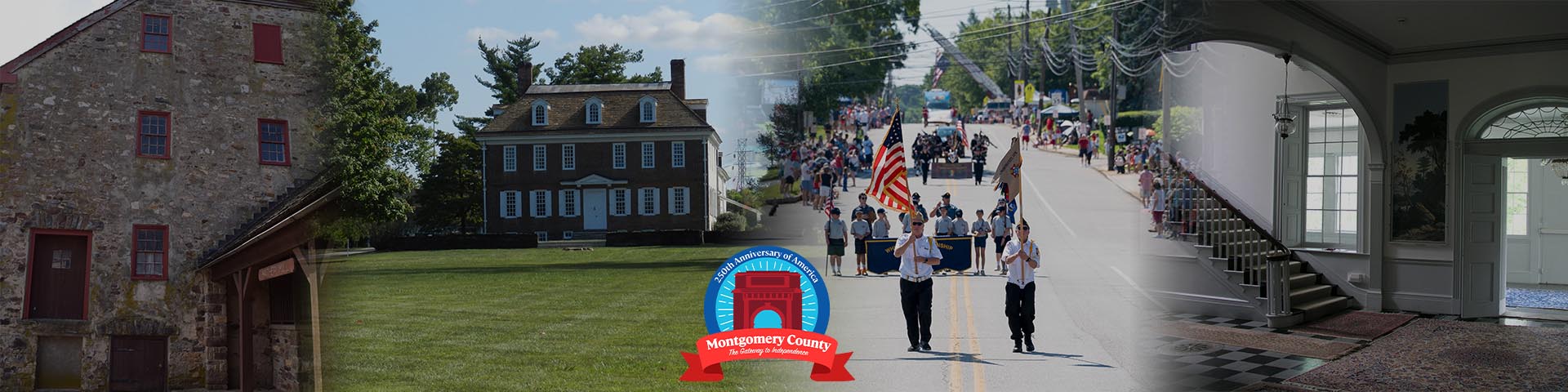 Collage showing historic sites and the Fourth of July Parade in Whitemarsh